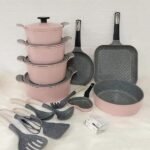 ⁦Pote Pink Marbleطقم 19قطعة +طاسة قلب هدية(4حلة)⁩ - الصورة ⁦2⁩