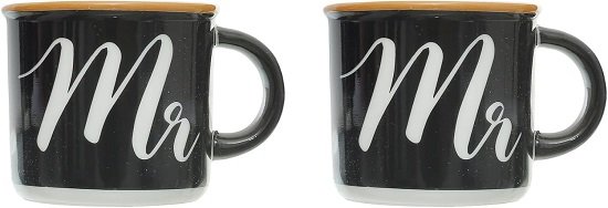 61A6ISqhzQL._AC_SL1500_ طقم فناجين قهوة مطلي بالمينا بتصميم مستر اند مسز من روزا اف ام، قطعتين، أسود/أبيض، بورسلين - الصورة 1