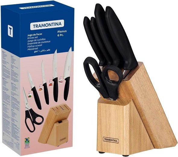 61RqbpPpt5L._AC_SL1200_ PLENUS بلوك خشب سكاكين 6 قطع أسود Tramontina - الصورة 1