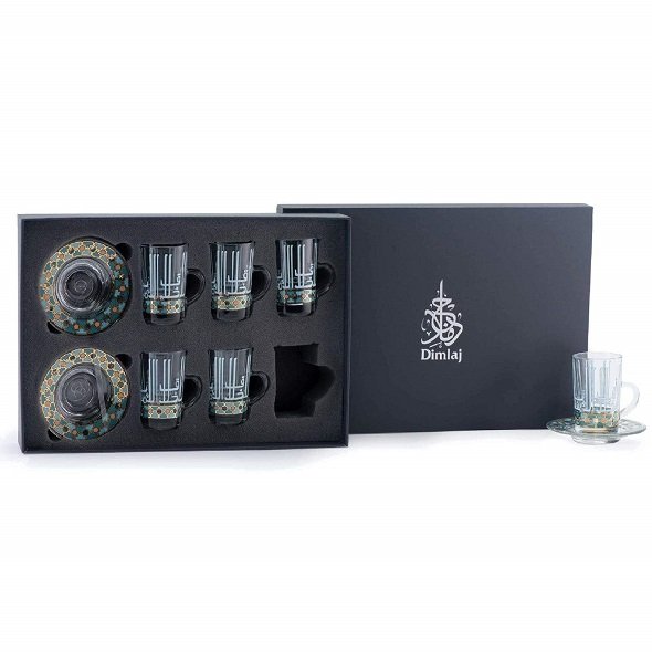 Dimlaj-Asala-Tea-Cup-and-Saucer-Set-Clear-Gold-and-Green-12-Pieces-46694 Asala طقم 6 استكانة شاي بيد + 6 طبق - الصورة 1